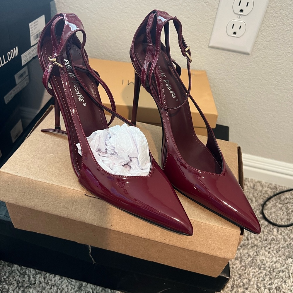 Dolls Kill Burgundy Patent Pointed Toe Stiletto Pumps with Ankle Strap